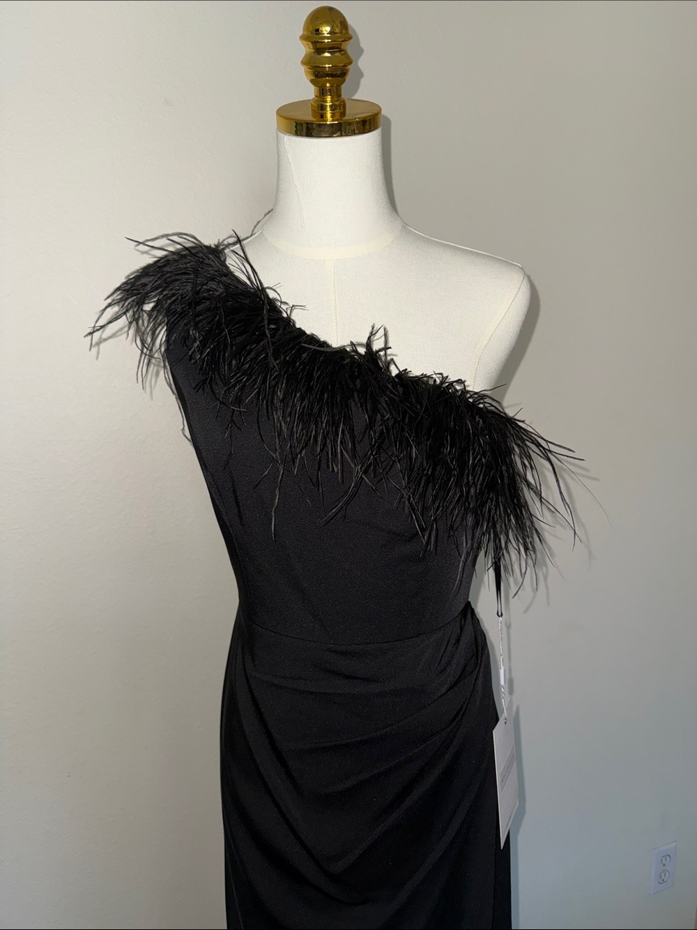 Mac Duggal Black One-Shoulder Feather-Trim Evening Gown